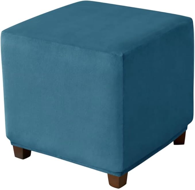 Ottoman Cover Square Velvet Ottoman Covers Protector for Footrest Foot Stool Furniture Stretch Comfortable with Elastic Bottom Small Blue