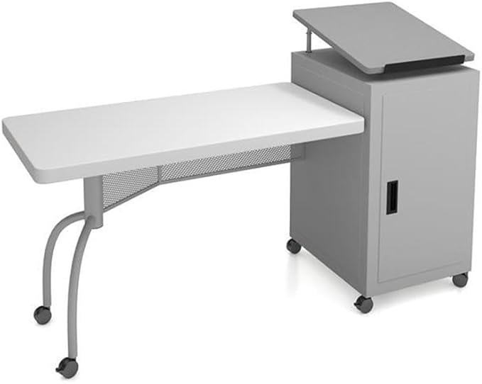 Pemberly Row Contemporary Metal Teacher's Desk and Lectern Combo, Adjustable Height, Gray Hammertone Steel Frame, Blow-Molded Plastic Desktop, Locking Storage, Mobile Office Furniture for Classroom