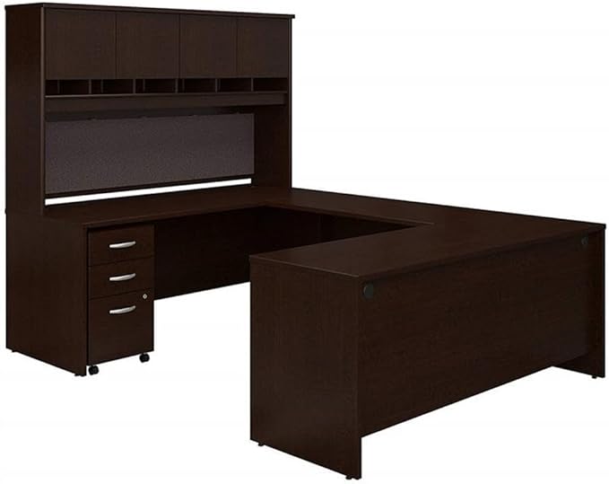 UrbanPro U-Shaped Engineered Wood Storage Desk with Hutch, Mocha Cherry Finish, 72W, Thermally Fused Laminate, 4-Door Hutch, 3-Drawer Mobile File Cabinet, Office Desk for Professional Workspace