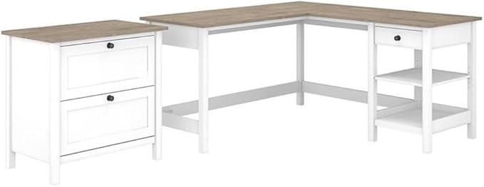 UrbanPro 60W L Shaped Computer Desk with 2 Drawer Lateral File Cabinet, Pure White and Shiplap Gray Finish, Modern Farmhouse Style, Durable Home Office Storage Desk with Shelves and File Drawers