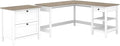 UrbanPro 60W L Shaped Computer Desk with 2 Drawer Lateral File Cabinet, Pure White and Shiplap Gray Finish, Modern Farmhouse Style, Durable Home Office Storage Desk with Shelves and File Drawers