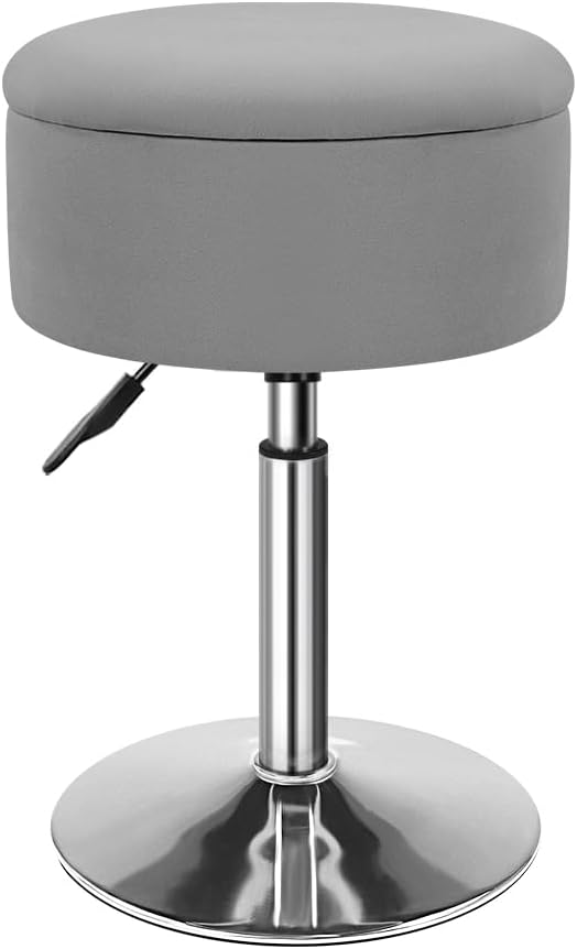 KKTONER Velvet Round Vanity Stool with Storage Height Adjustable Makeup Chair with Swivel Base Non-Slip Small Vanity Stool for Spa Salon Dressing Room Bedroom (Gray)