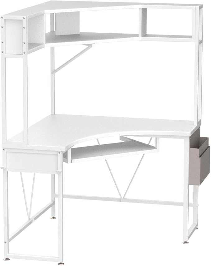 SEDETA Corner Desk, Small Computer Desk with Hutch & LED Lights, Triangle Corner Computer Desk with Keyboard Tray, Storage Bag, and Headphone Hook for Small Space, Home Office Desk, White