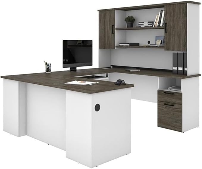 Atlin Designs Transitional U Shaped Computer Desk with Hutch, Laminated Wood, Walnut Gray/White Finish, Ample Storage, Smooth Slides, Reversible Office Workstation, 71" W x 88.4" D x 70" H
