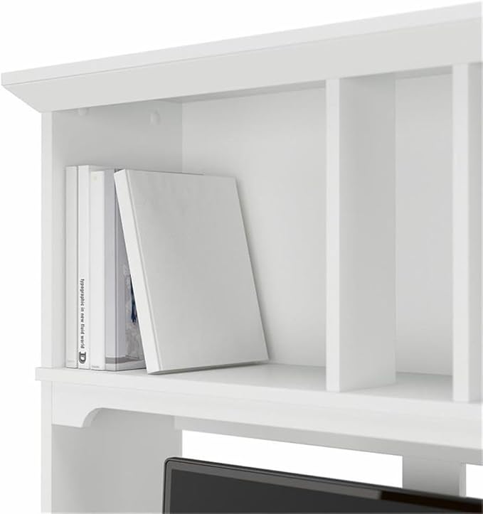 Pemberly Row 60W Hutch for L Shaped Desk, Engineered Wood, White/Shiplap Gray Finish, Open Cubby Storage, Mission Style Office Hutch for Books, Decorations, and Monitors