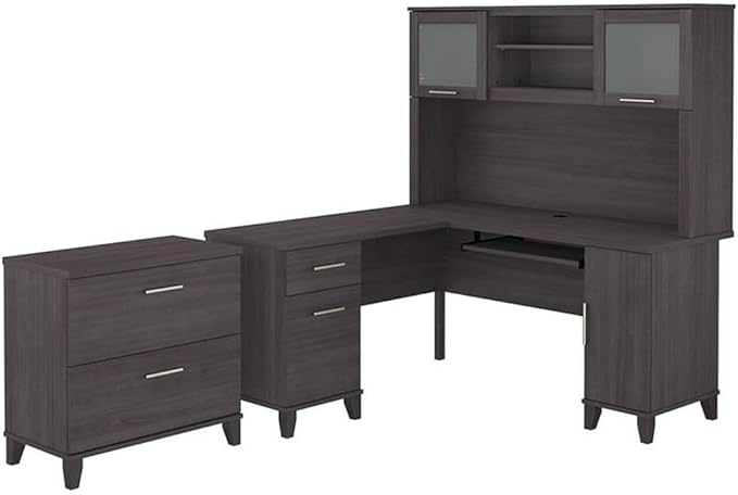 Pemberly Row 60W L Shaped Desk with Hutch and File Cabinet, Storm Gray Finish, Thermally Fused Laminate, Frosted Glass Doors, Home Office Furniture Set with Ample Storage and Wire Management