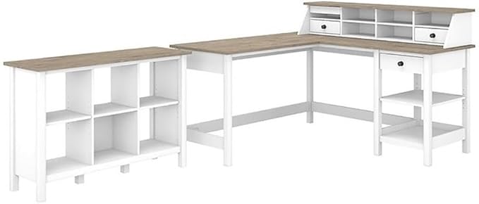 UrbanPro 60" Wood L Shaped Desk with Organizer and 6 Cube Bookcase, White Shiplap Gray Finish, Modern Farmhouse Home Office Furniture Set, Corner Desk with Storage and Adjustable Shelf