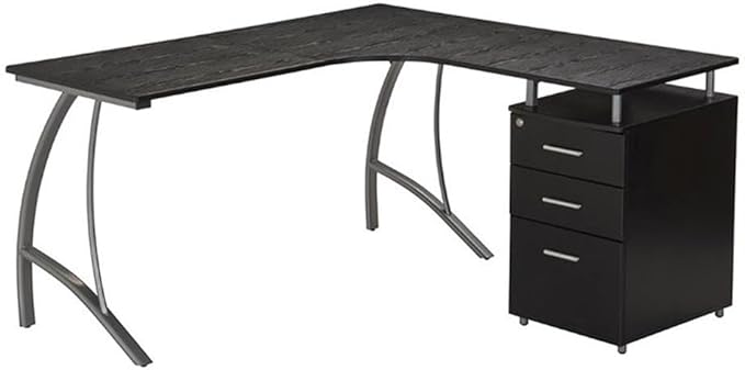 Scranton & Co Modern Wood L-Shaped Corner Desk, Espresso Finish, 30" H x 55" W x 59" D, MDF Panels with PVC Laminate, Built-in Locking Storage & Hanging File Cabinet, Space-Saving Home Office Desk
