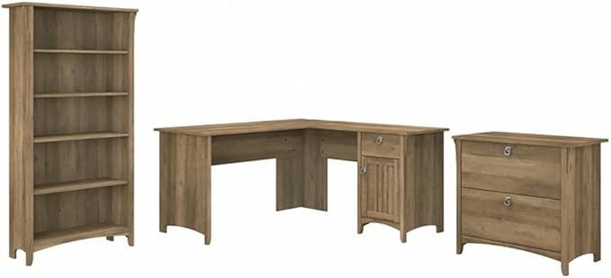 Pemberly Row L Shaped Desk with File Cabinet & Bookcase, Reclaimed Pine Finish, Engineered Wood Office Set, Distressed Style, 60W Desk with Storage, 5 Shelf Bookcase, Home Office Furniture