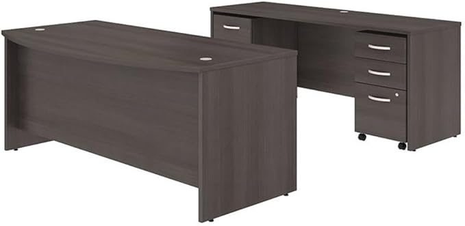 Pemberly Row Office Desk Set, 72" Bow Front Desk with Credenza, Thermally Fused Laminate in Storm Gray, Includes Mobile File Cabinets, Contemporary Style for Home or Commercial Office Use