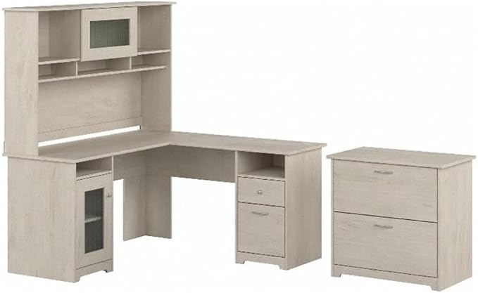 Pemberly Row 60W L Shaped Engineered Wood Desk w/Hutch & File Cabinet, Linen White Oak Finish, Fluted Glass, Built-in Wire Management, Home Office Desk Set with Storage & Filing