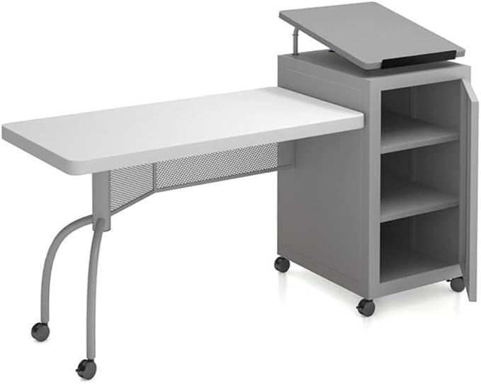 Pemberly Row Contemporary Metal Teacher's Desk and Lectern Combo, Adjustable Height, Gray Hammertone Steel Frame, Blow-Molded Plastic Desktop, Locking Storage, Mobile Office Furniture for Classroom