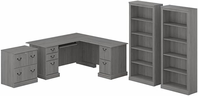 UrbanPro L Shaped Computer Desk Set, Modern Gray Finish, Engineered Wood, Includes File Cabinet, 2 Tall 5 Shelf Bookcases, Scratch-Resistant Surface, Adjustable Shelves, Home Office Furniture