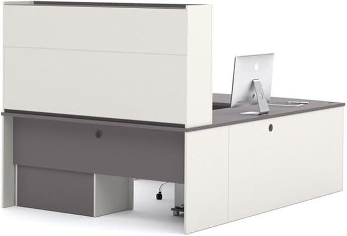 Atlin Designs U-Shape Home Office Set, Sandstone Finish, 65.3" H x 95.6" W x 71.6" D, Includes Executive Desk, Credenza, Hutch, Oversized Pedestal, Keyboard Tray, Durable Melamine Work Surfaces with