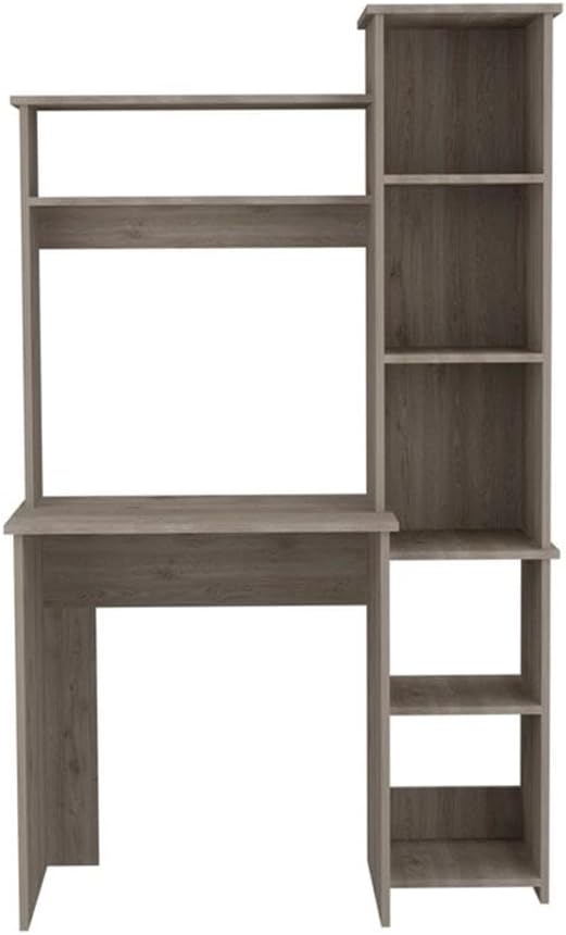 Pemberly Row Contemporary 2-Piece Engineered Wood Office Set, Light Gray Finish, Includes Aramis Desk with Hutch and Side Shelves, Dozza Bookcase with Cabinet and Display Tiers, Compact Home Office