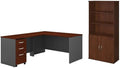 Pemberly Row Set of 2 5-Shelf Bookcase with Doors & L-Shaped Desk with Drawers