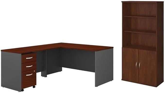 Pemberly Row Set of 2 5-Shelf Bookcase with Doors & L-Shaped Desk with Drawers