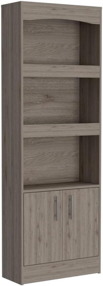 Pemberly Row Contemporary 2-Piece Engineered Wood Office Set, Light Gray Finish, Includes Aramis Desk with Hutch and Side Shelves, Dozza Bookcase with Cabinet and Display Tiers, Compact Home Office