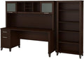 Pemberly Row 72W Office Desk with Hutch and Bookcase, Mocha Cherry Finish, Frosted Glass Doors, Adjustable Shelves, Wire Management, Home Office Furniture Set for Storage and Organization