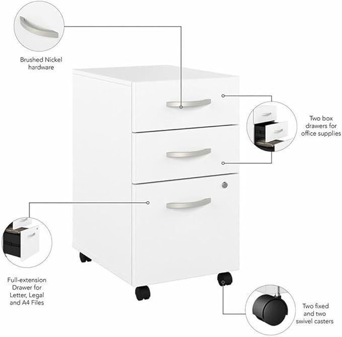 Bush Business Furniture Hybrid 72W x 30D L Shaped Table Desk with Mobile File Cabinet in White