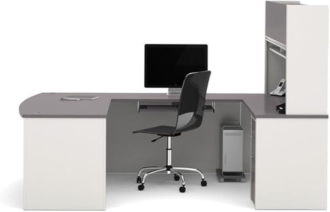 Bowery Hill Contemporary Wood U-Shaped Workstation, Sandstone/Gray Finish, 71.13"W x 92.38"D x 65.75"H, Modular Design, Durable Melamine Surface, Commercial Grade Office Desk with Hutch and Shelving