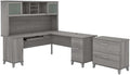 Pemberly Row Engineered Wood L Shaped Desk with Hutch & File Cabinet, 72W, Gray Finish, Frosted Glass Doors, Keyboard Tray, Multiple Storage Spaces, Home Office Furniture Set for Productivity