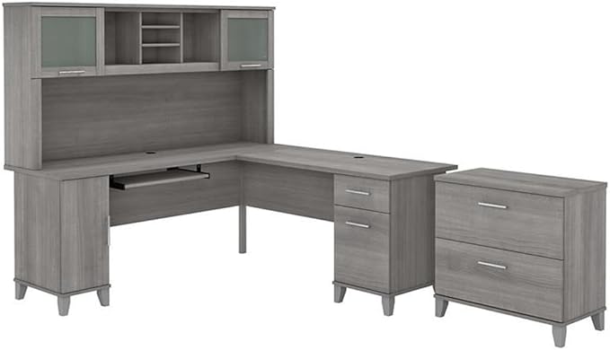 Pemberly Row Engineered Wood L Shaped Desk with Hutch & File Cabinet, 72W, Gray Finish, Frosted Glass Doors, Keyboard Tray, Multiple Storage Spaces, Home Office Furniture Set for Productivity