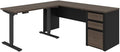 Pemberly Row 2 Piece Standing Desk Set, Adjustable Height 28"-45", Antigua and Black Finish, Particle Board and Melamine, Includes Storage Credenza with 3 Drawers, Reversible Design, Home Office
