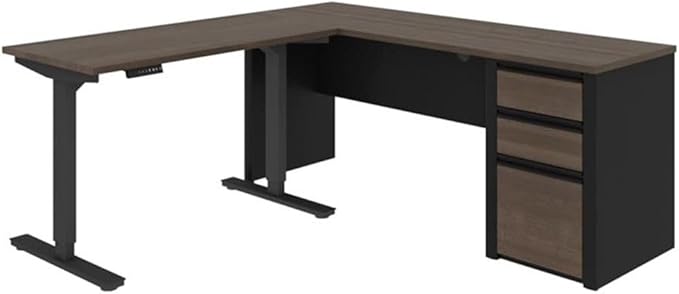 Pemberly Row 2 Piece Standing Desk Set, Adjustable Height 28"-45", Antigua and Black Finish, Particle Board and Melamine, Includes Storage Credenza with 3 Drawers, Reversible Design, Home Office