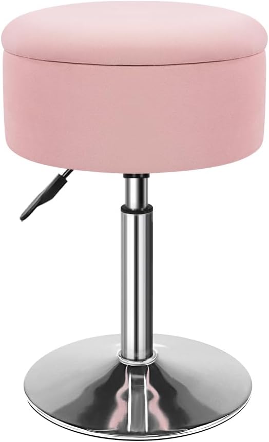 KKTONER Velvet Round Vanity Stool with Storage Height Adjustable Makeup Chair with Swivel Base Non-Slip Small Vanity Stool for Spa Salon Dressing Room Bedroom (Pink)