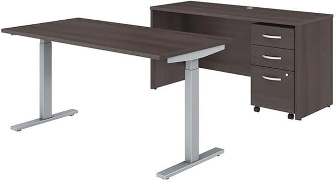 Pemberly Row 3 Pc. Office Suite, 60W Adjustable Power Standing Desk, Credenza Desk, Mobile File Cabinet, Engineered Wood, Storm Gray Finish, Contemporary Style, Adjustable for Office Use