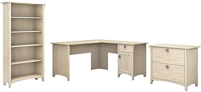 Pemberly Row Wood 60W L Shaped Desk with File Cabinet & Bookcase, Antique White Finish, Laminate Over Engineered Wood, Mission Style Home Office Furniture with Storage and Display