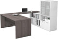 Atlin Designs Contemporary Wood U Shape Computer Desk, 56.8" H x 71.1" W x 88.6" D, Melamine & Particle Board, Bark Gray/White Finish, Hutch with Frosted Glass Doors, Lockable Drawers, Home Office
