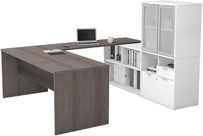 Atlin Designs Contemporary Wood U Shape Computer Desk, 56.8" H x 71.1" W x 88.6" D, Melamine & Particle Board, Bark Gray/White Finish, Hutch with Frosted Glass Doors, Lockable Drawers, Home Office