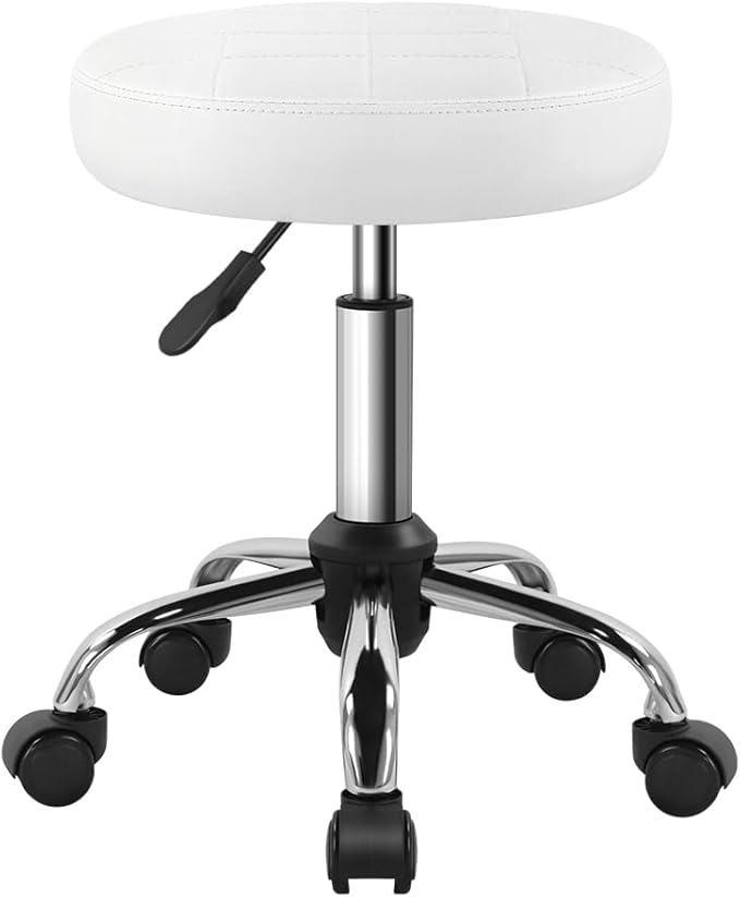 BFTOU White Classic Swivel Stool with Wheel for Salon Work Home SPA Shop Height-Adjustable and Cost-Effective Rolling Stool Chair Small