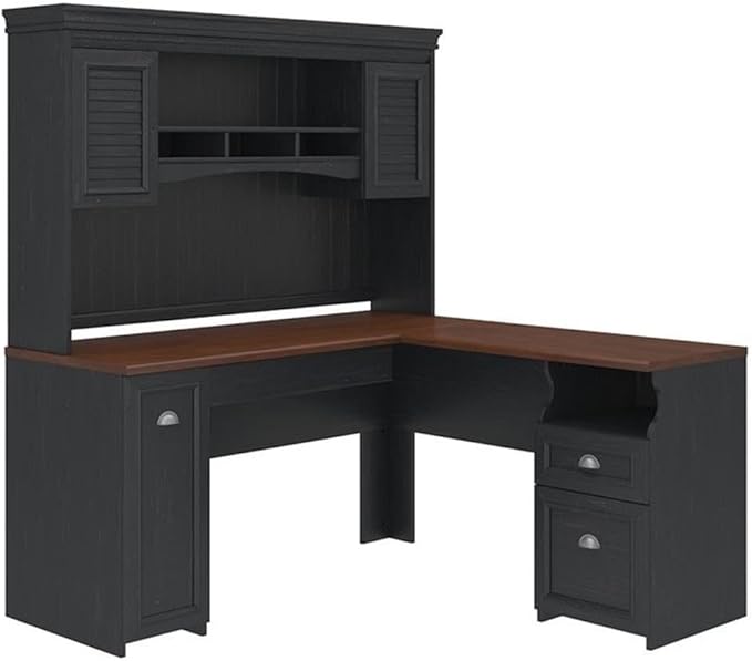 Pemberly Row 2 Piece Office Desk Set, Antique Black Finish, Laminate Over Engineered Wood, L Shaped Desk with Hutch, Storage Shelves, Drawers, Space-Saving Design for Home Office