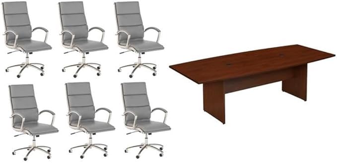Pemberly Row Set of 7 - Cherry Conference Table & 6 Light Gray Executive Chairs