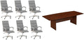 Pemberly Row Set of 7 - Cherry Conference Table & 6 Light Gray Executive Chairs