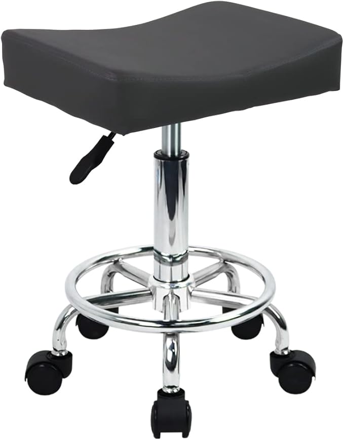 WKWKER Square Rolling Stool with Footrest PU Leather Height Adjustable 360° Swivel Stool with Wheels Massage SPA Salon Stools Task Chair Desk Drafting Bedroom Vanity Stool (Grey)