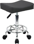 WKWKER Square Rolling Stool with Footrest PU Leather Height Adjustable 360° Swivel Stool with Wheels Massage SPA Salon Stools Task Chair Desk Drafting Bedroom Vanity Stool (Grey)