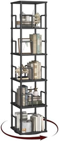 MAHANCRIS 5-Tier Rotating Bookshelf, Freestanding Corner Bookshelf, 360° Spinning Bookcase, Industrial Style Storage Rack with Rails, for Living Room, Bedroom, Study, Black BKBK1601