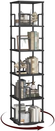 MAHANCRIS 5-Tier Rotating Bookshelf, Freestanding Corner Bookshelf, 360° Spinning Bookcase, Industrial Style Storage Rack with Rails, for Living Room, Bedroom, Study, Black BKBK1601