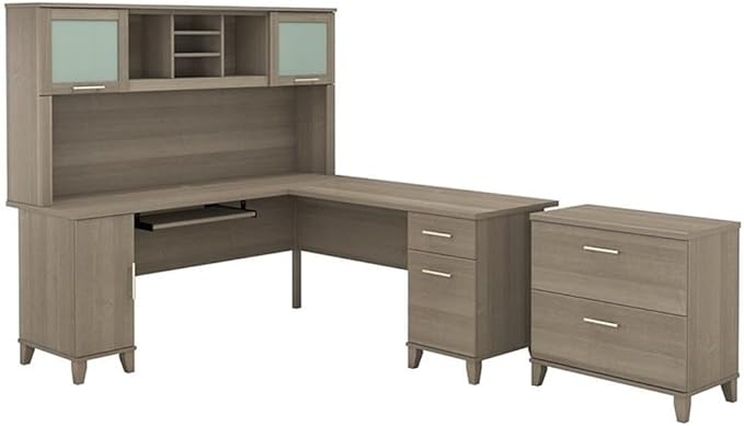 Scranton & Co Furniture Somerset 72W L Shaped Desk with Hutch & File Cabinet, Transitional Style, Frosted Glass Doors, Ball Bearing Slides, Wire Management, Home Office Furniture Set, Ample Storage