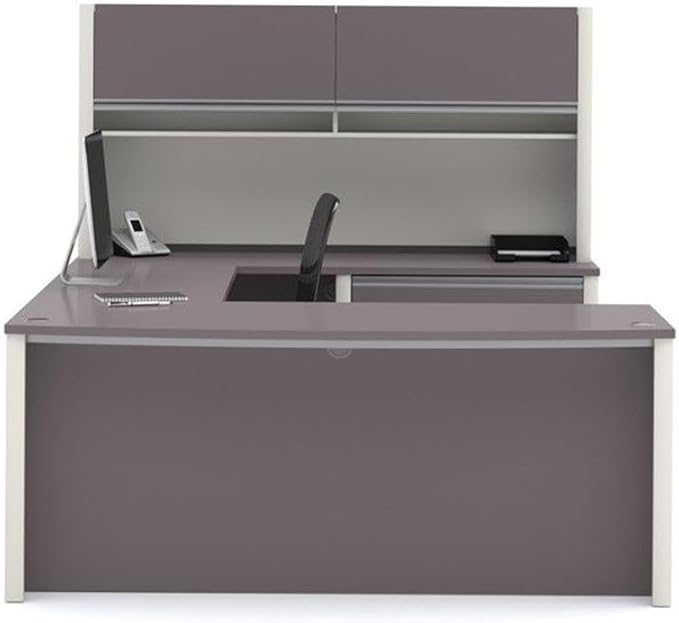 Atlin Designs U-Shape Home Office Set, Sandstone Finish, 65.3" H x 95.6" W x 71.6" D, Includes Executive Desk, Credenza, Hutch, Oversized Pedestal, Keyboard Tray, Durable Melamine Work Surfaces with
