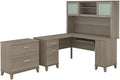 Pemberly Row Engineered Wood Office Set, 60W L Shaped Desk with Hutch and 2-Drawer Lateral File, Ash Gray Finish, Wire Management, Frosted Glass Doors, File Storage, Home Office Furniture