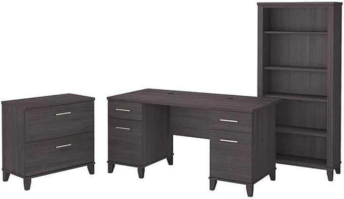 Pemberly Row Engineered Wood Office Desk Bundle, 60W Desk, Lateral File Cabinet & 5-Shelf Bookcase, Storm Gray Finish, Wire Management, Adjustable Shelves, Home Office Furniture Set