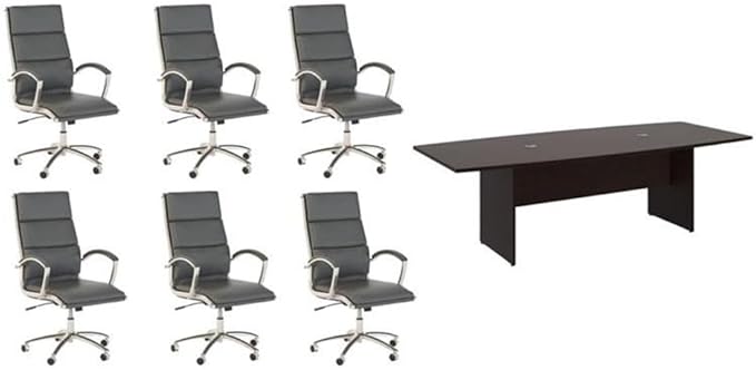 Pemberly Row Set of 7 - Cherry Conference Table & 6 Dark Gray Executive Chairs