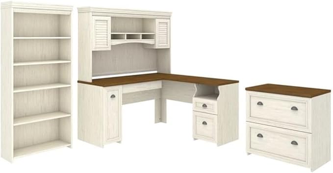 Pemberly Row 4 Piece Office Set, Antique White Finish, Laminate Over Engineered Wood, Includes L Shaped Desk with Hutch, Bookcase, Lateral File Cabinet, Cottage Style Home Office Furniture