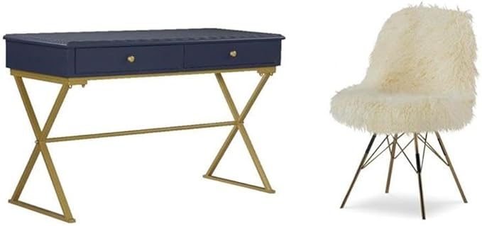 Pemberly Row Set of 2 Writing Desk with Criss Cross Legs & Faux Fur Accent Chair