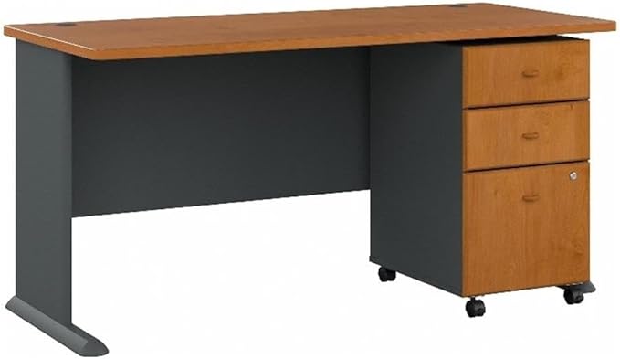 Bush Business Furniture Series A 60W Desk with Mobile File Cabinet in Natural Cherry and Slate